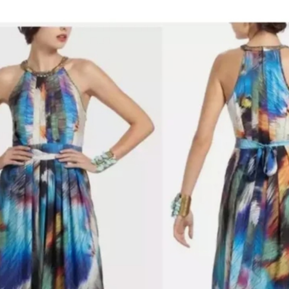 Anthropologie RANNA GILL Blue Gold Beaded TROPICALIA DRESS Size XS